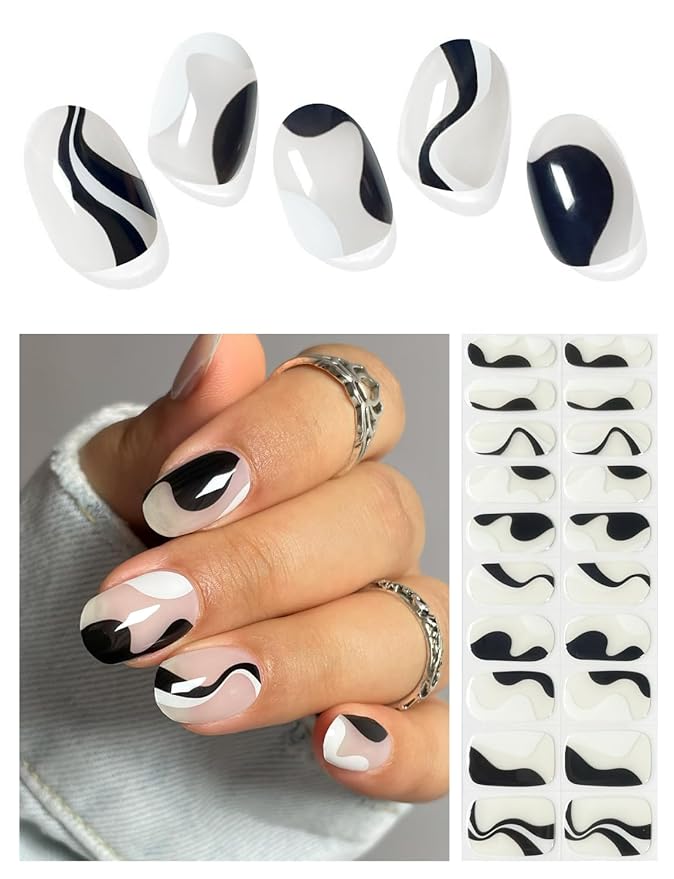 Semi Cured Gel Nail Strips (Black Line), 20 Pcs Gel Nail Wraps, Stickers, UV Light Required, Salon Quality, Long Lasting