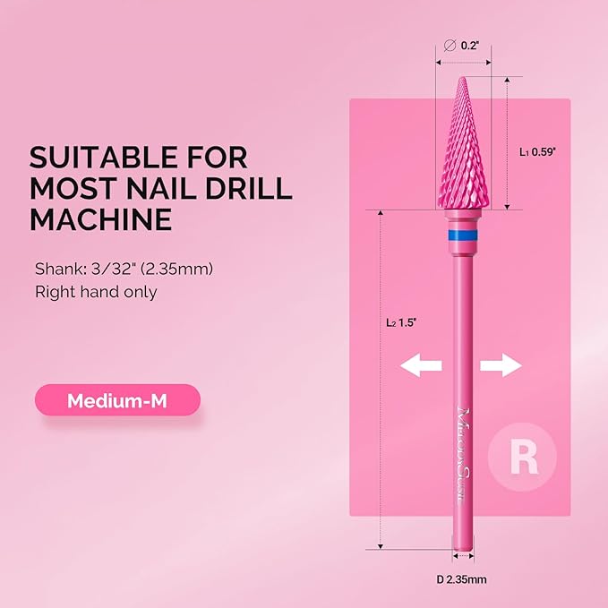 MelodySusie Professional Tapered Nib Nail Drill Bit, 3/32'' Carbide Tungsten Multi-function Bit, Suitable for Manicure Pedicure Cuticle Gel Polishing, Technicians Bit, Series Bit-M, Pink Blossom, M