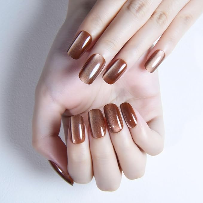 Nude Brown Cat Eye Press on Nails Medium Square, Medium Square Press Glue on Nails Chrome for Women Gift, Brown Holographic Glitter Glossy Reusable Soft Gel Acrylic Fake Nail with Design Cateye Effect