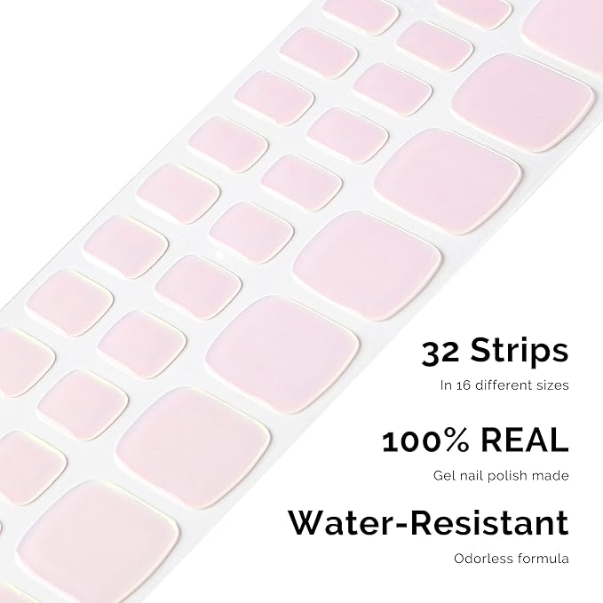 NAILOG Semi Cured Gel Nail Strips, Toe Nail Polish Strips with Glossy Gel Finishing | Buy 3 Get 1 UV Lamp| 32 Pieces Long Lasting Pedi Stickers | Pink Moonlight