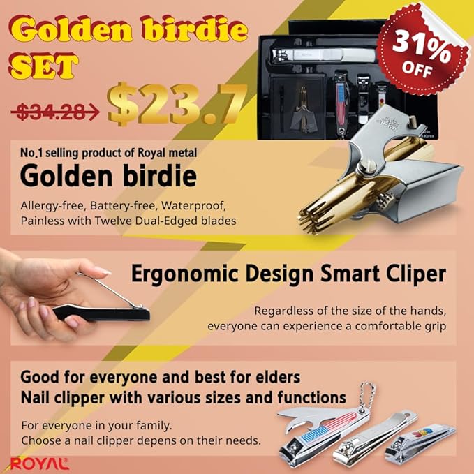 ROYAL [Made in Korea] NO Battery,5 Pcs Nose Hair Trimmer Set, Golden Birdie Value Pack,(Nose Hair Trimmer with 4 Nail Clippers) The Best Gift for Family, (Gold&Black)