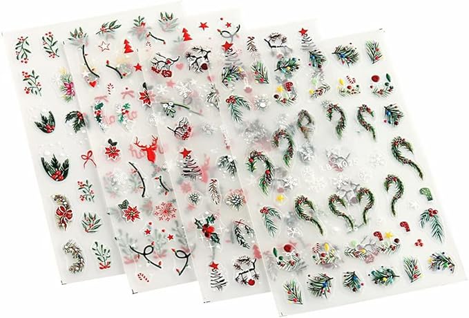 Christmas Nail Art Stickers Holly Leaf Snowflakes Nail Stickers 4PCS 5D Embossed Xmas Nail Decals Christmas Tree String Light Star Candy Cane Xmas Nails Art Design Supplies Adhesive Sliders for Women