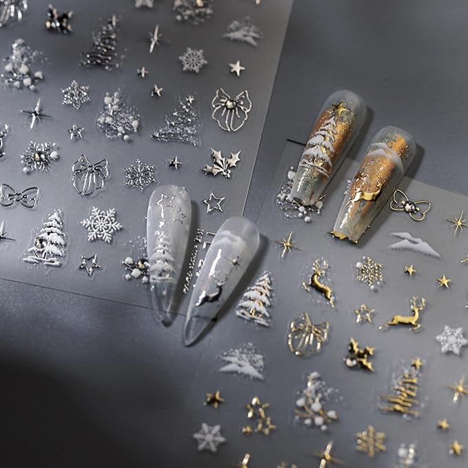 Christmas Nail Sticker 5D Embossed Gold Reindeer Nail Decals with Xmas Tree Snowflake Design Self Adhesive Nail Decals Winter Nail Art for Women Girls Manicure DIY Nails Supplies