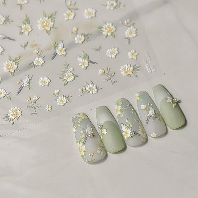 1 Sheet Flower Nail Decal with Leaf Design, Yellow White Gradient Floral Nail Art Stickers, 5D Embossed Self-Adhesive Nail Stickers for Women DIY Spring Summer Flower Manicure Art Supplies