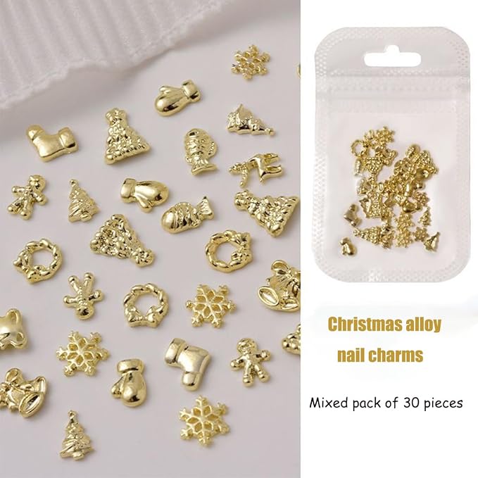 30Pcs Christmas Nail Charms and Gems 3D Metal Alloy Nail Rhinestone Jewelry Design Winter Christmas Tree Socks Snowflakes Elk Candy Gold Nail Art Charms for Women DIY Xmas Nails Decoration Supply