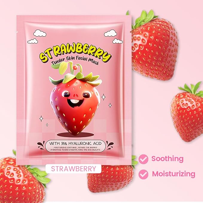 8 PCS Real Hydrating Nature Face Masks Skincare, Hyaluronic Acid, Vitamin C and E, Chamomile, Korean Beauty Essence Facial Paper Sheet Mask for Skin Care Moisturizing (Strawberry)