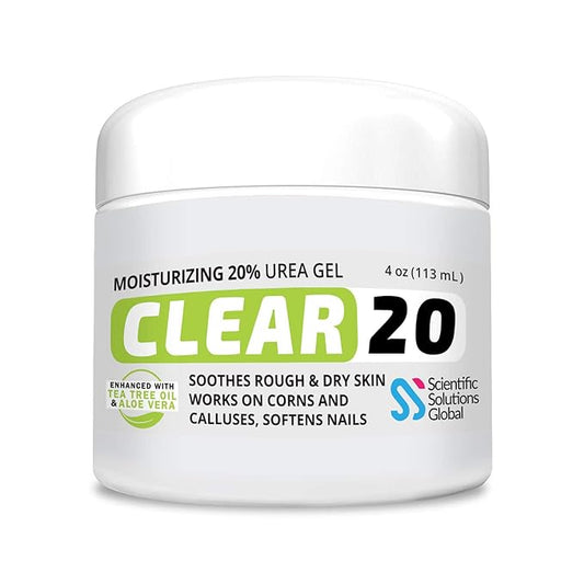 CLEAR 20, 20% Urea Gel, 4 oz w/ Tea Tree & Coconut Oil, Aloe Vera Extract, Callus & Corn Remover Moisturizes & Softens Cracked Heels, Feet, Elbows, Hands, Nails, Superior hydration to Urea Creams