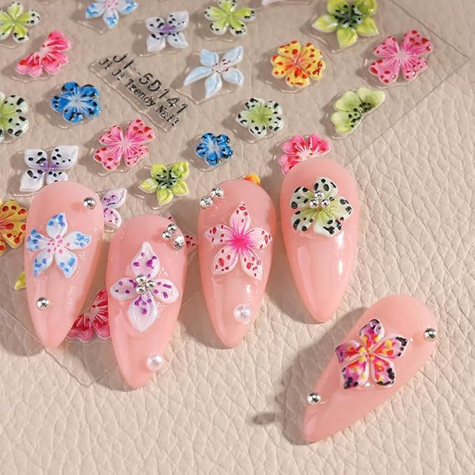 4 Sheets Embossed Flower Nail Art Stickers - Self-Adhesive Nail Decals, Colorful Floral Petals, 5D Acrylic Carved Design for Women & Girls Manicure Decoration