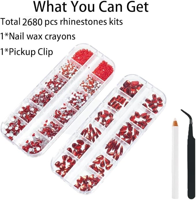 2680 Pcs 3D Red Nail Rhinestones, 120Pcs Big Red Glass Crystal Nail Gems Stones Charms Stones with Bling Diamond Flatback Round Beads, Clear Charm Jewelry for DIY Face Craft Decoration