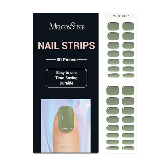 MelodySusie 30PCS Semi Cured Gel Nail Strips, Sage Green, Works with Any Nail Lamps, Salon Quality, Long Lasting, Easy to Apply, Includes 2 Prep Pads, Nail File and Wooden Stick