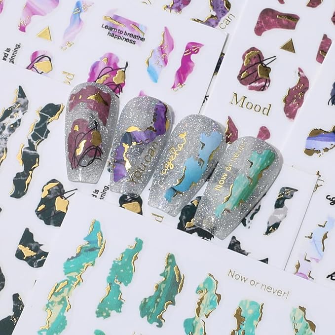 3D Marble Nail Stickers - 6 Color Marble Decals, Blooming Nail Art, Bronzing & Watercolor Smudge Resistant, Self-Adhesive Gold Foil Designs