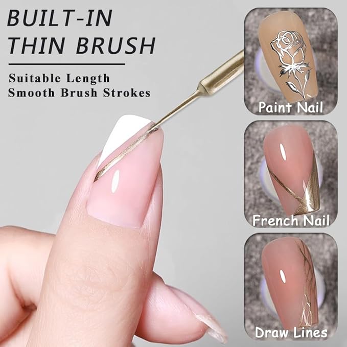 Nail Art Liner Gel Polish Set, 4pcs Metallic Silver Bronze Gold Glitter Reflective Colors Painted Drawing Stripper Gel Nail Polish Soak off Curing Requires with Thin Nail Art Brush