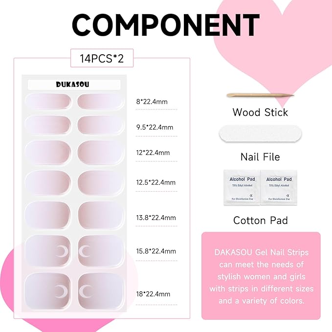 Semi Cured Gel Nail Strips, 28 pcs Gel Nail Stickers Work with Any UV Lights, Long-Lasting Nail Wraps, Stick on Nails for women Easy to Apply & Remove