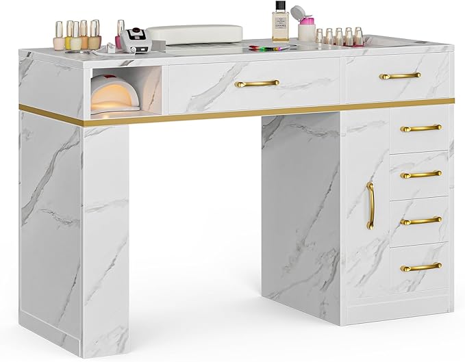 Paddie Manicure Table with Dust Collector, Glass Top Nail Tech Table Nail Desk Station w/7 Storage Drawers & 3-Tiers Open Shelves, Nail Workstation w/Wrist Cushion & Golden Handles((White Marble)