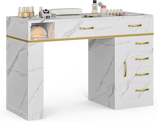Paddie Manicure Table with Dust Collector, Glass Top Nail Tech Table Nail Desk Station w/7 Storage Drawers & 3-Tiers Open Shelves, Nail Workstation w/Wrist Cushion & Golden Handles((White Marble)
