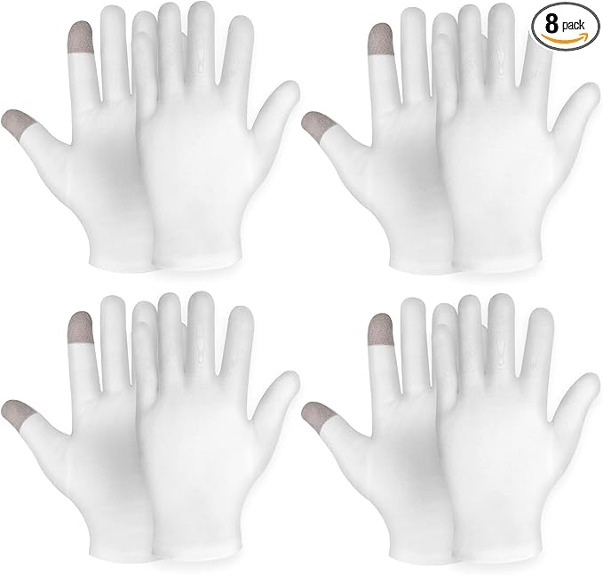 4 Pairs Touch Screen Moisturizing Gloves White Cotton Moisturizing Gloves Overnight Bedtime Heal Eczema Sleeping Lotion Hand Spa Treatment Gloves Repair Rough Cracked Dry Chapped Hands Skin(White)