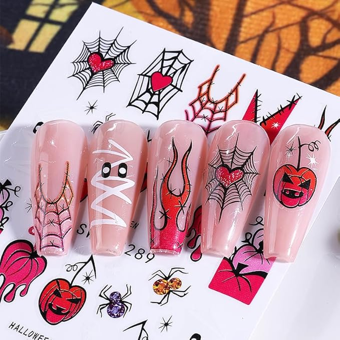 6 Sheets Halloween Nail Art Stickers Decals 3D Self-Adhesive Cartoon Bat Spider Web Skull Nail Stickers French Flame Spider Web Heart Nail Decals Supplies for Women DIY Holiday Manicure Decorations