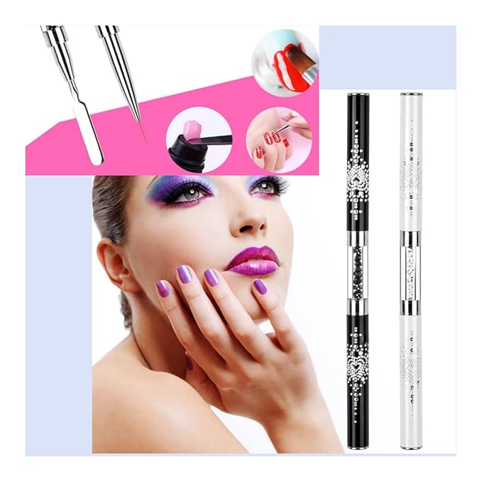 2PCS Professional Nail Art Brushes Set – Dual-Ended French Manicure & Gel Liner Brush with Rhinestone Handle, Acrylic Nails & Home Nail Design (Round head, flat head, wire drawing)