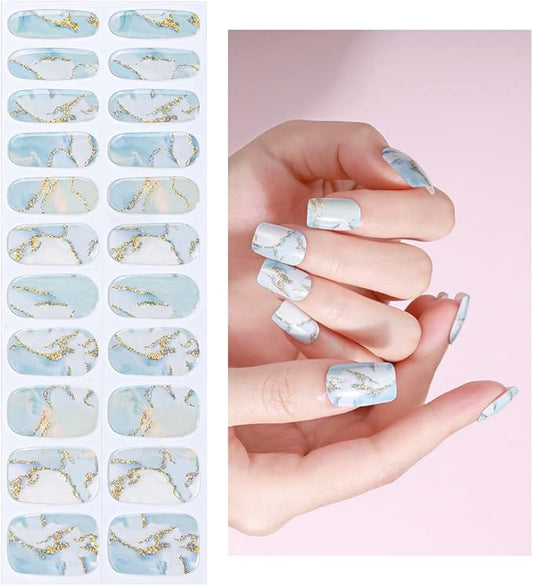 No Lamp Gel Nail Strips 22 Pcs Wraps - Marble Blue, Easy Apply Gel Nail Stickers Long Lasting, Salon-Quality, 2 Prep Pads, 1 File, 1 Wooden Stick