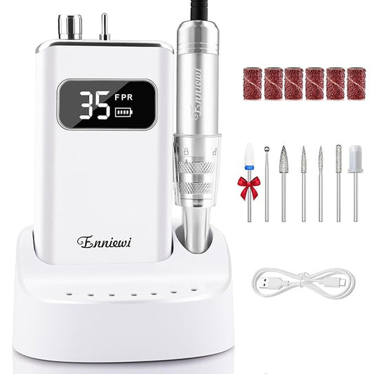 Electric Nail Drill File, Professional Portable Nails Drills Kit with Rechargeable Base 7 uñas Bits, Cordless Efile for Poly Gel Acrylic Nails Remover Home Salon Pedicure Manicure Tool, White