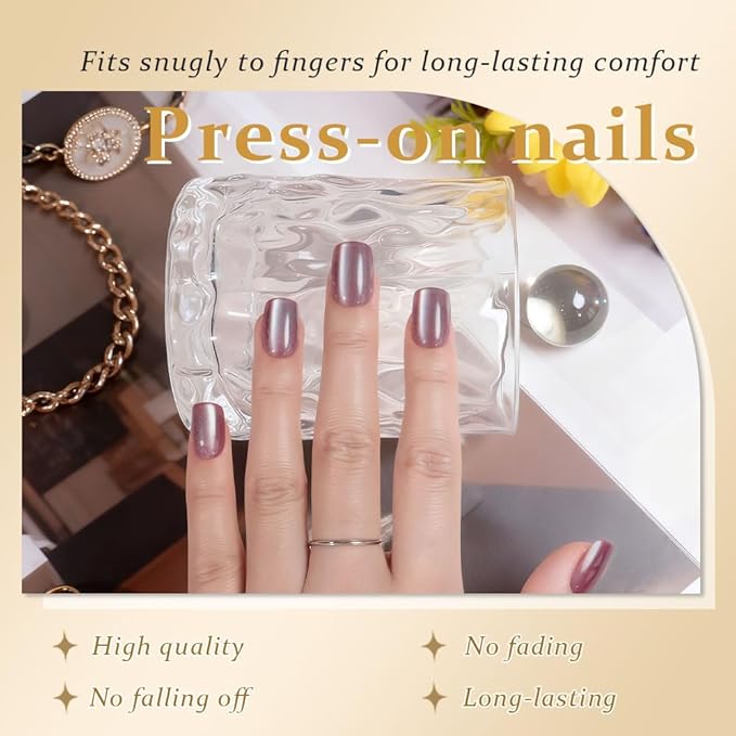 evpct Pale Mauve Cat Eye Short Press on Nails Square, Glue on Nails Short Square for Women Gift, Mauve Metallic Glitter Glossy nails press ons, Reusable Stick Press on Acrylic Fake Nail with Designs