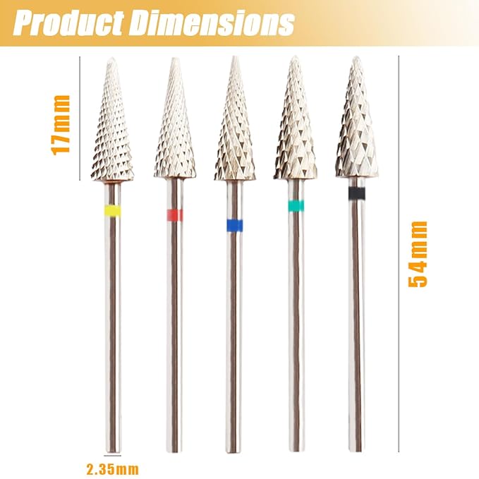 5Pcs Tungsten Carbide Nail Drill Bits Set, 3/32" Shank Fine Drill Bit for Acrylic Nails, XC, C, M, F, XF, 5 in 1 Drill Bits for Nail Care, Gel Removal, Cuticle Polishing