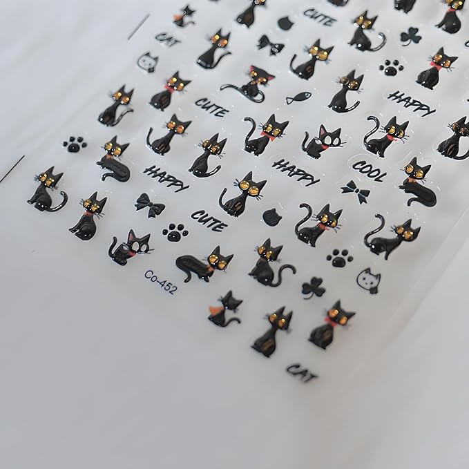 Halloween Nail Sticker for Nail Art Black Cat Nail Stickers 5D Self-Adhesive Cat Nail Decals Black Nail Art Supplies Decoration Accessories for Women and Girls