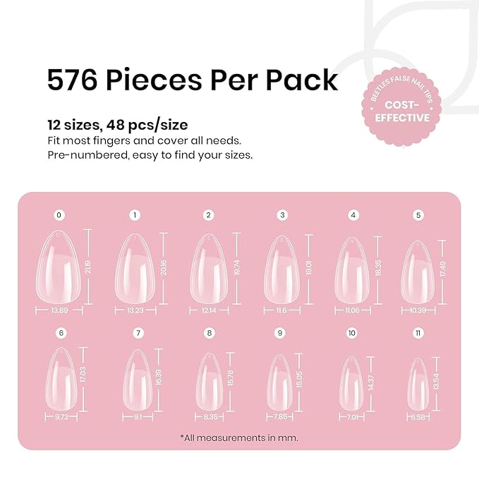 Beetles Gel Nail Tips 576Pcs Pre-shape Short Almond Etch-X Nail Tips,12 Sizes Soft Nail Tips Half Matte False Nails for Fall Nails Full Cover Press On Nail Nail Extensions Set for Women