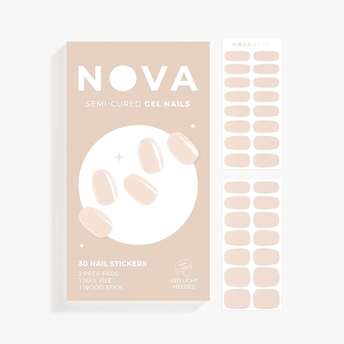 NOVA, Female Founded, Semi Cured Gel Nail Strips (Bare Necessity) - The 10 Minute Manicure. Full Nail Wraps, Nail Polish Stickers, Nail Polish Sticker Nail Kit - Incl. File & Stick (Bare Necessity)