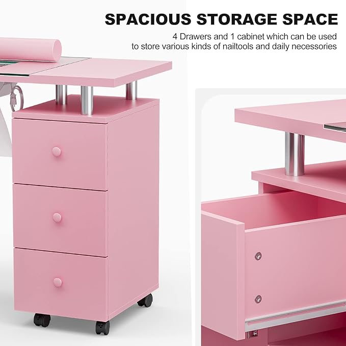 Paddie Manicure Table, Glass Top Nail Makeup Desk Nail Table Station for Nail Tech w/Electric Downdraft Vent, Wrist Cushion, Lockable Wheels, Storage Drawers, Wooden Handles（Pink）