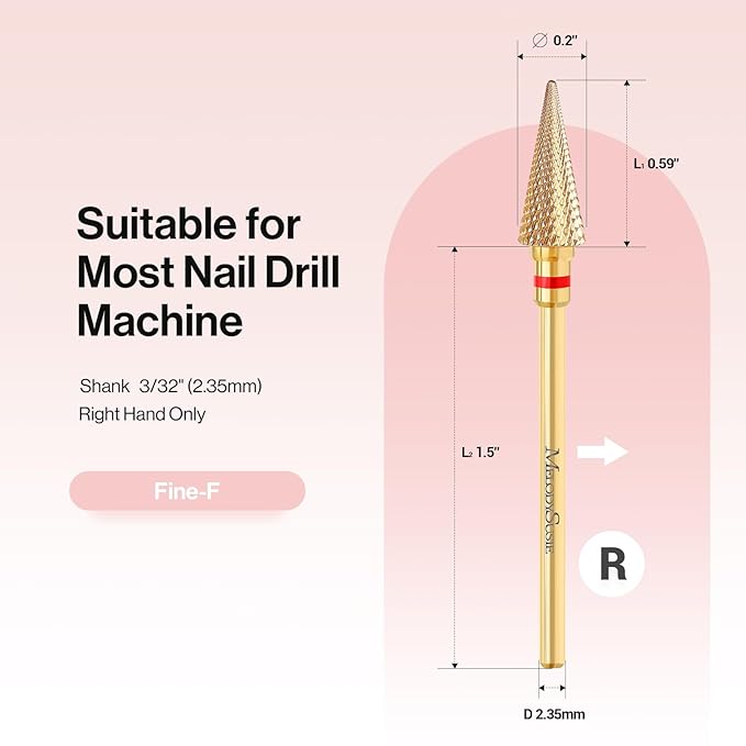 MelodySusie Professional Tapered Nib Nail Drill Bit, 3/32'' Carbide Tungsten Multi-function Bit, Suitable for Manicure Pedicure Cuticle Gel Polishing, Technicians Bit, Gold, Series Bit-M, Fine