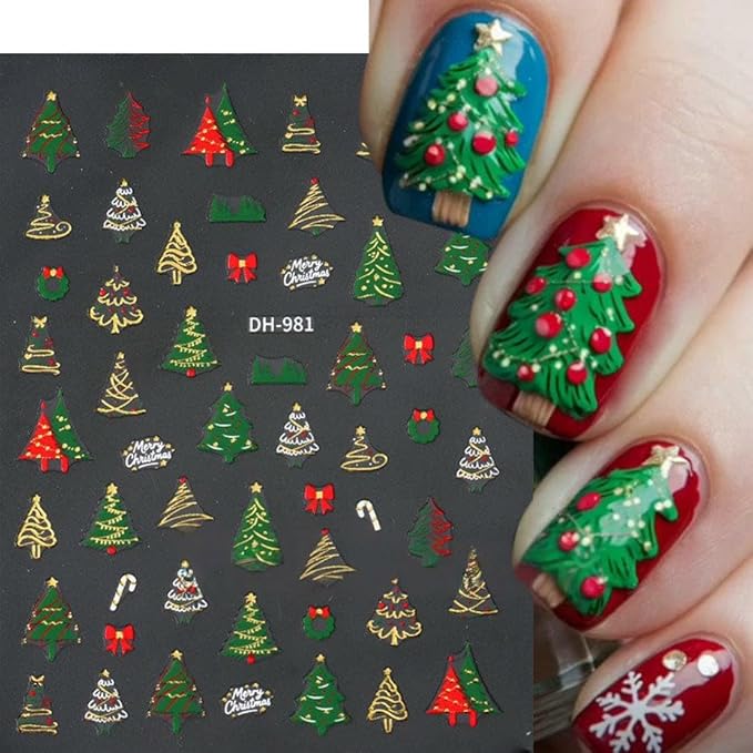 Christmas Nail Art Stickers Decals Xmas Tree Snowflake Nail Decals 3D Self-Adhesive Nail Art Supplies 6PCS Christmas Trees Bow Snowflakes Xmas Nails Design Manicure Sliders for Women Nail Decorations