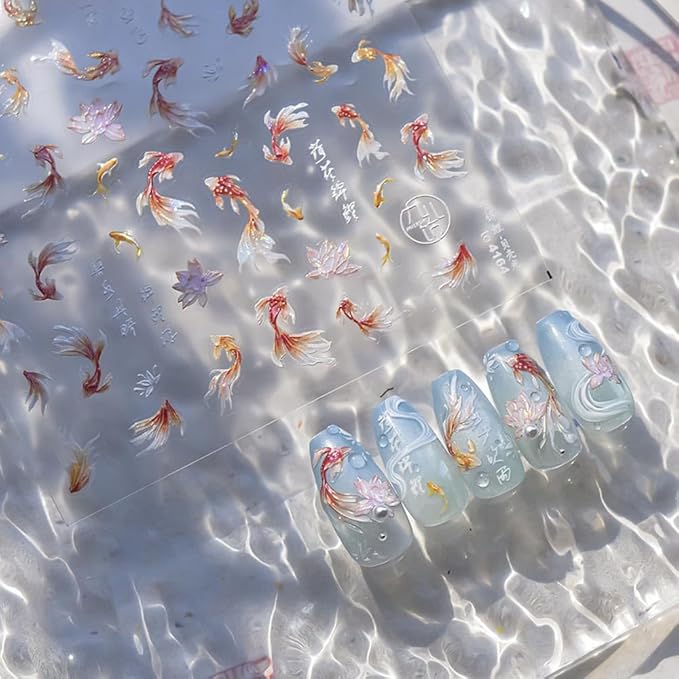 Goldfish Nail Art Stickers Sparkly Koi Fish Nail Stickers 5D Embossed Koi Lotus Lucky Red Self-Adhesive Nails Design Shell Light Goldfish Adhesive Slider for Women DIY Nails Art Decorations