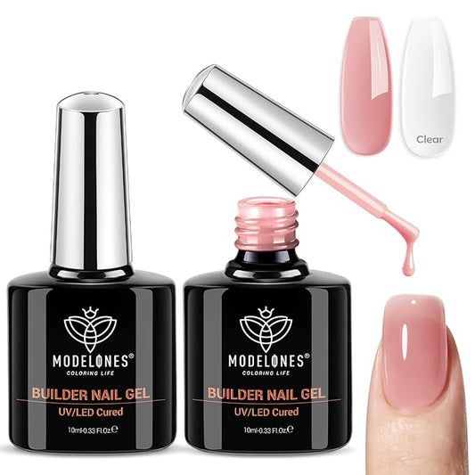 modelones Builder Nail Gel, 2 Pcs Clear and Rose Nude Pink Builder Nail Polish for Thickening Apex Building 8-in-One Rubber Color Base Polish Strengthener Extend Gel LED Lamp Cured 10 ml DIY Salon