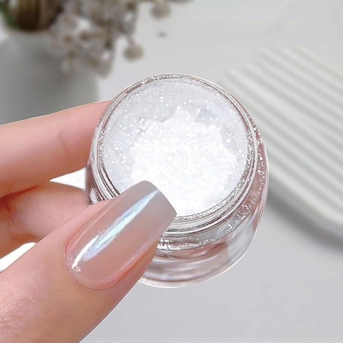 White Pearl Chrome Nail Powder, High Gloss Mirror Effect Pearlescent Iridescent Glitters Powder Mermaid Pigment for Nail Art Decoration