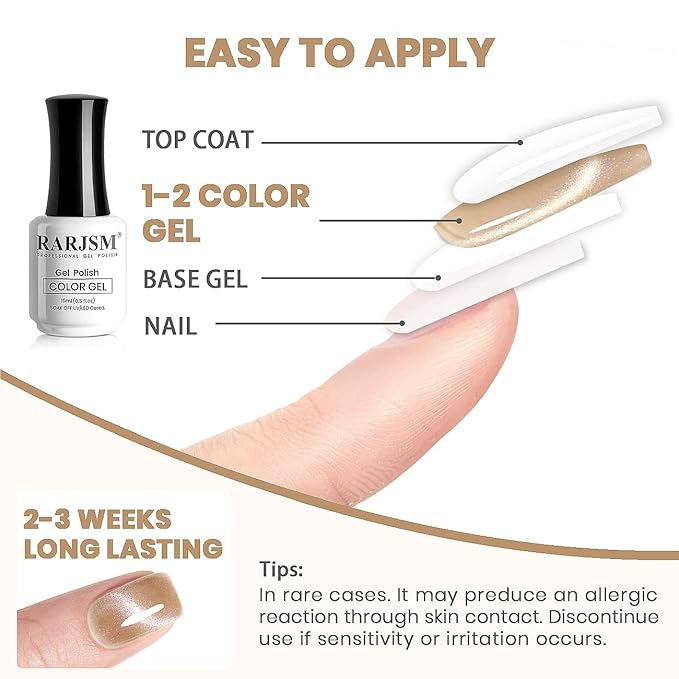 RARJSM Cat Eye Gel Polish 9D Cateye Silver Glitter Champagne Gold Galaxy Universal Velvet Effect Ice Gel Nail Polish Single Bottle with Magnetic Stick UV LED Curing Require Soak Off Home Salon 15ml