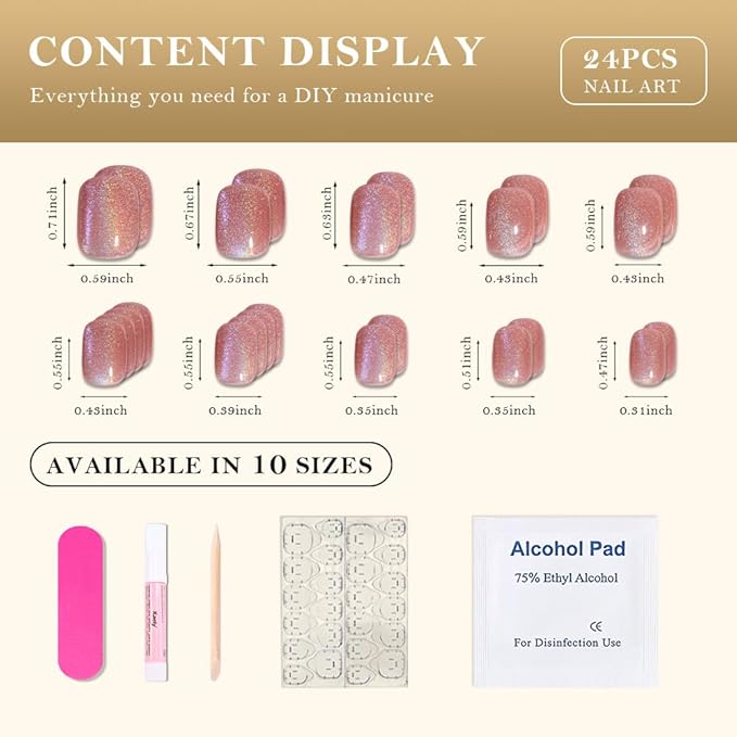 evpct Ndue Pink Cat Eye Short Press on Nails Square, Short Square Glue on Nails for Women Gift, Iridescent Colorful Metallic Glitter Glossy Reusable Stick Gel Press on Acrylic Fake Nail with Design