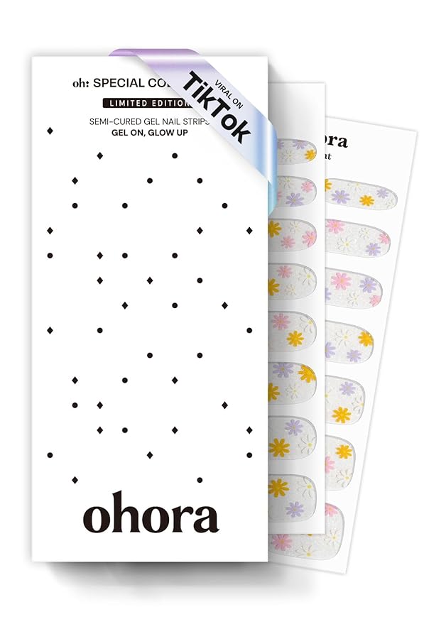 ohora Semi Cured Gel Nail Strips (N Daisy Disco) - Rainbow, Works with Any UV/LED Lamps, Salon-Quality, Long Lasting, Easy to Apply & Remove - Includes 2 Prep Pads, Nail File & Wooden Stick