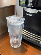 20oz Ribbed Glass Tumbler with Straw & Lid – 2 Pack Iced Coffee Cups, Glass Mug - Image 4
