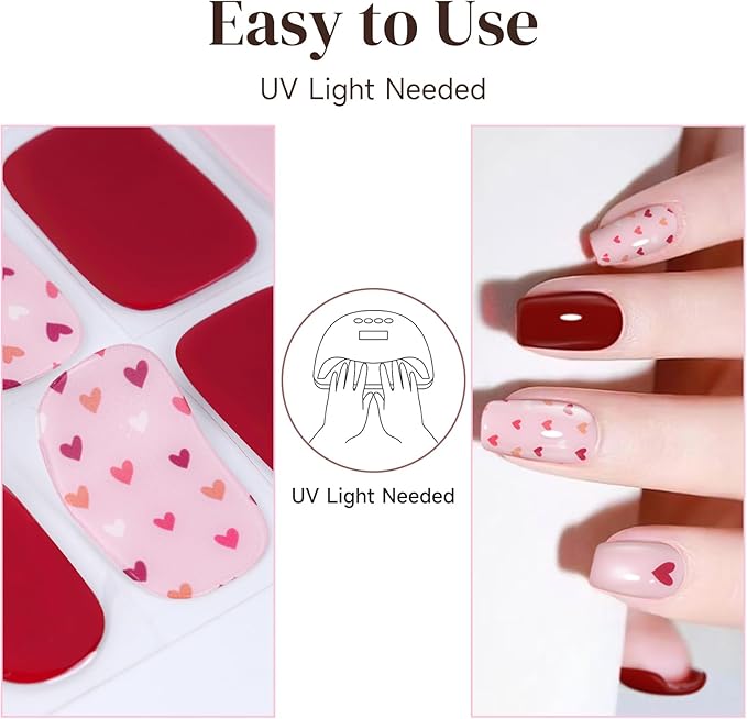 Semi Cured Gel Nail Strips, 28 pcs UV Gel Nail Stickers for Women Wedding Party, Work with Any UV Lamp, Long Lasting Nail Wraps for Home DIY Nails Art (Lover's Love)