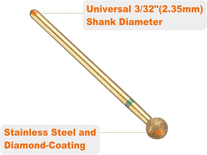 HARFINGTON 6pcs 100-120 Grits Diamond Grinding Bit 5mm Ball Head 2.35mm Shank 5mm Length Titanium Plated Stone Sanding Drill Bits Rotary Tool for Nails Grinding Polishing