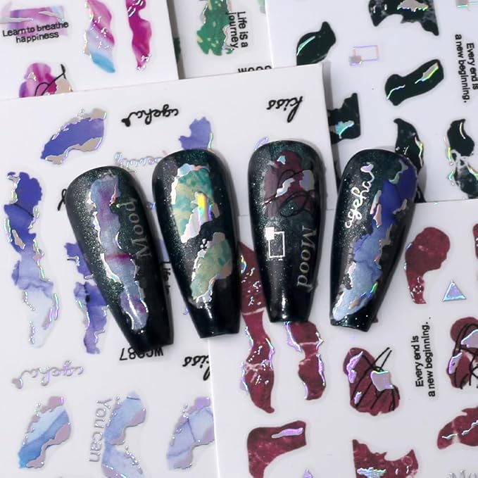 6 Color Marble Nail Art Stickers - Women's 3D Bronzing Silver & Watercolor Blooming Decals - Self Adhesive Foil Nail Designs
