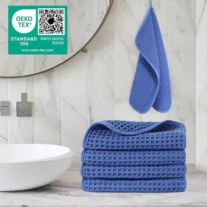 POLYTE Microfiber Lint Free Washcloth Face Towel, 13 x 13 in, 4 Pack (Waffle Weave)