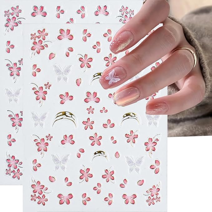 4 Sheets Pink Flower Nail Stickers for Nail Art Cherry Blossom Petals Nail Art Stickers Golden French Tip with Pink Floral Blossom Design Spring Summer Nail Decals Nail Supplies for Acrylic Manicure