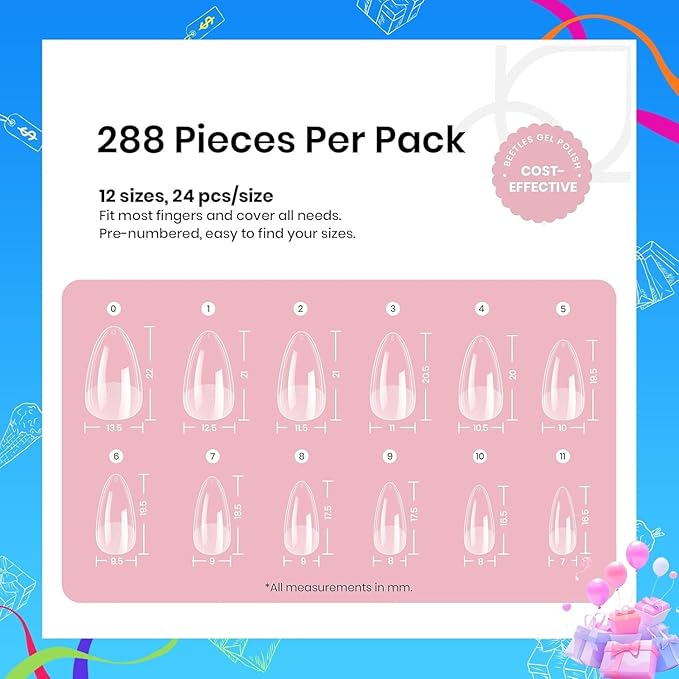 Beetles Short Almond Nail Tips: 12 Sizes 288 PCS Half Matte Full Cover Press On Gel Tips Clear Acrylic Gel Nail Tips Almond Shape for DIY Extension