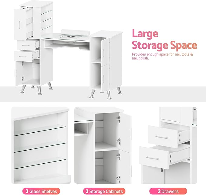 Manicure Table Nail Station w/Glass Top, Dust Collector, 4 Dust Bags, Storage Drawers & Cabinets, Nail Desk Beauty Salon Workstation (White)