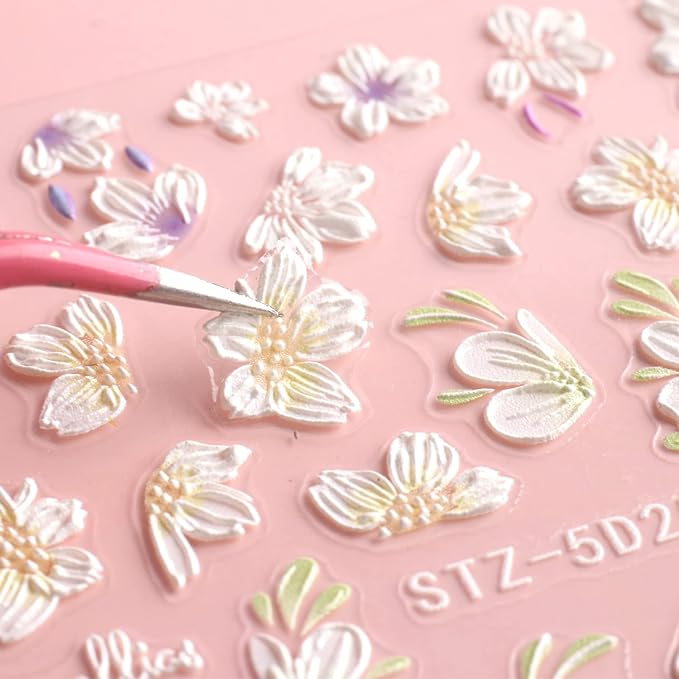 3D Embossed Spring Flower Nail Art Stickers Decals 4 Sheets 5D Self-Adhesive Pegatinas Uñas Pink Cherry Blossoms Floral Nail Supplies Nail Art Design Decoration Accessories