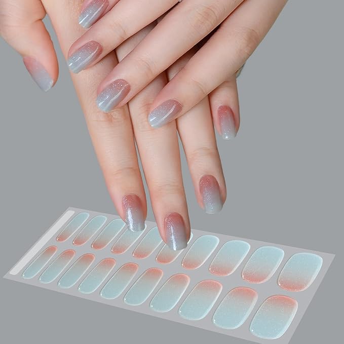 WOKOTO 1 Sheet Semi Cured Gel Nail Strips With Wood Stick, Nail File & Prepared Pads, 20 Tips Shimmery Ice Blue Ombre Semi Cured Nail Polish Strips Stickers, Harden With UV Light Gel Nail Stickers