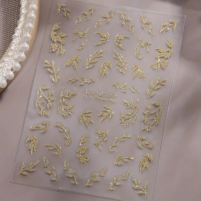 Golden Glitter Leaf Nail Art Stickers Fall Leaf Nail Decals 4PCS Shiny Shimmer 3D Self-Adhesive Fallen Leaves Nail Stickers Nail Art Supplies Fall Sticker for Nails DIY Manicure Decorations Supplies