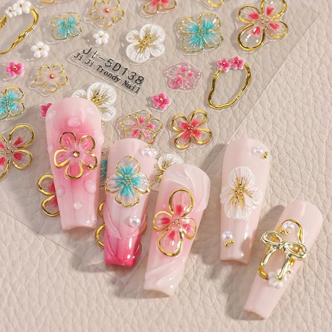 4 Sheets Embossed Flower Nail Art Stickers - Self-Adhesive Nail Decals, Colorful Floral Petals, 5D Acrylic Carved Design for Women & Girls Manicure Decoration